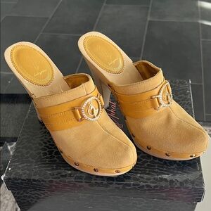 Baby Phat Mustard Suede Clog Mules with Decorative Buckle